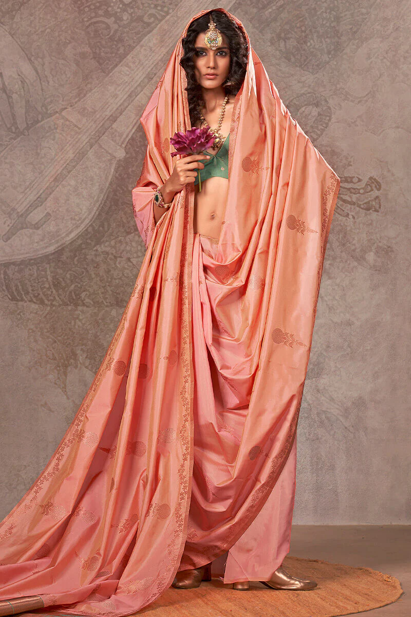 Breathtaking Peach Two Tone Soft Banarasi Silk Saree With Marvellous Blouse - Image 2