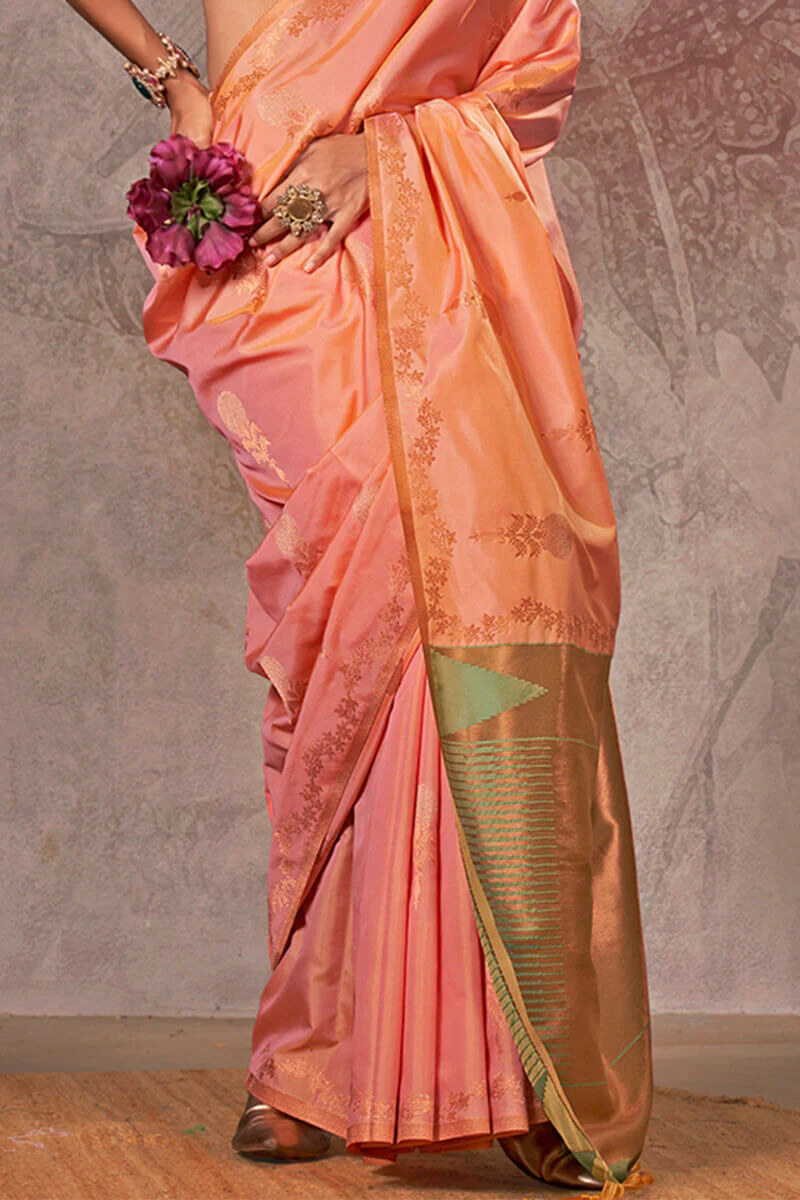 Breathtaking Peach Two Tone Soft Banarasi Silk Saree With Marvellous Blouse - Image 3