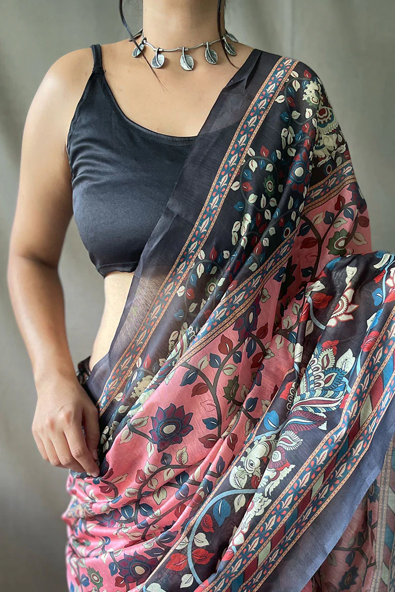 Breathtaking Pink Kalamkari Printed Saree With Dazzling Blouse Piece - Image 2