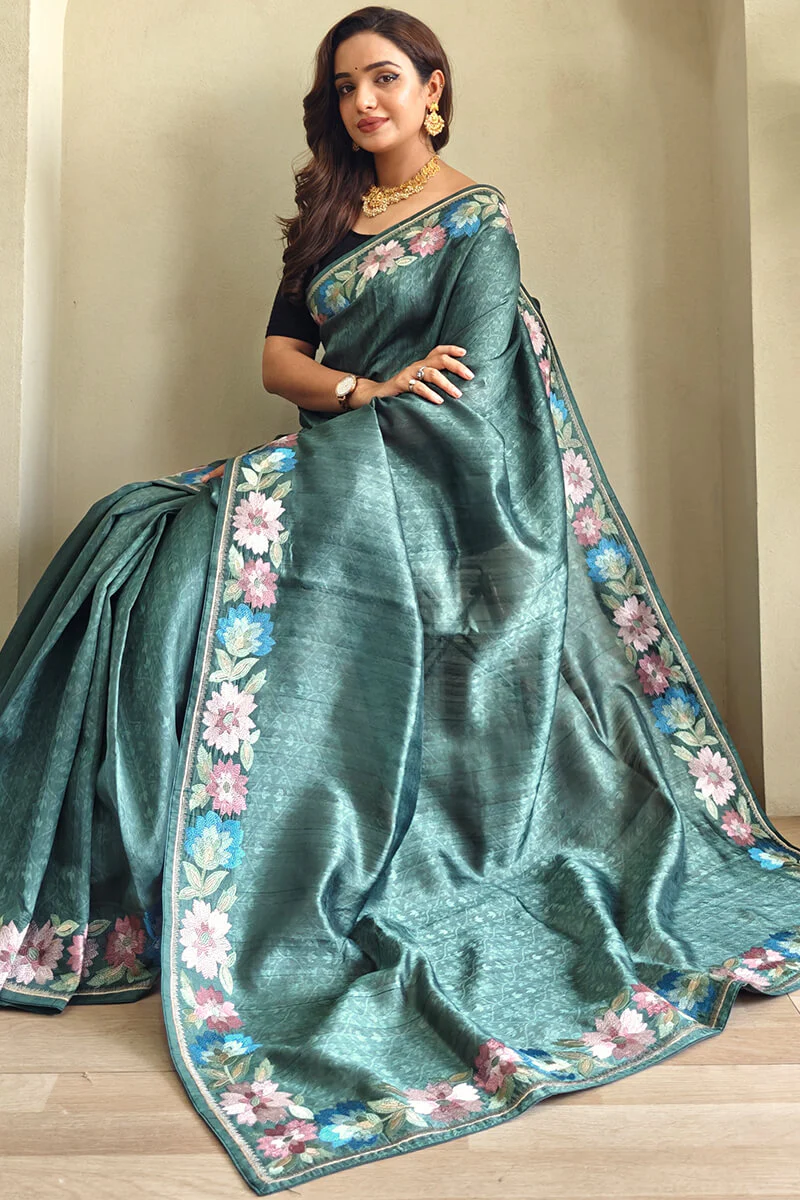 Breathtaking Rama Embroidery Work Tussar Silk Saree With Palimpsest Blouse Piece - Image 2