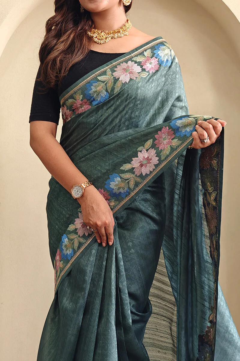Breathtaking Rama Embroidery Work Tussar Silk Saree With Palimpsest Blouse Piece - Image 4