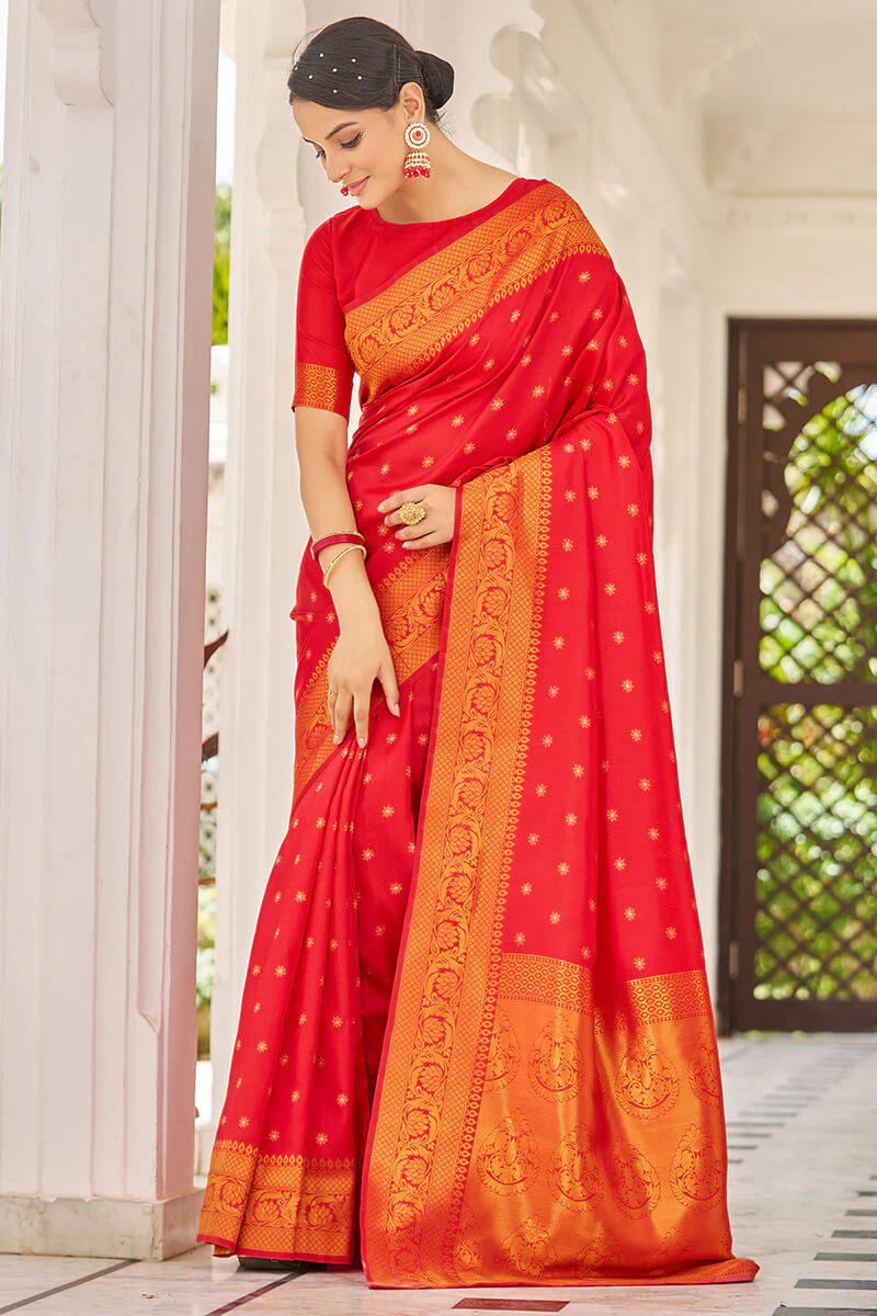Breathtaking Red Kanjivaram Silk Saree With Demanding Blouse Piece - Image 2