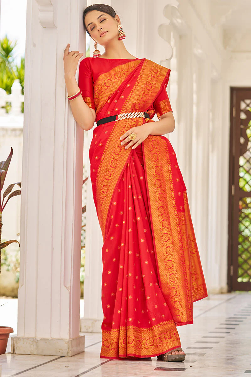 Breathtaking Red Kanjivaram Silk Saree With Demanding Blouse Piece - Image 3