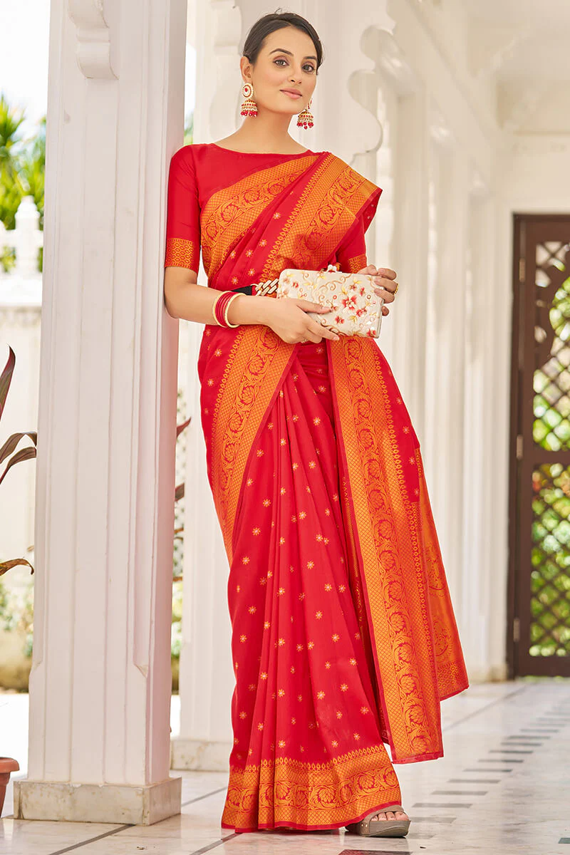 Breathtaking Red Kanjivaram Silk Saree With Demanding Blouse Piece - Image 4