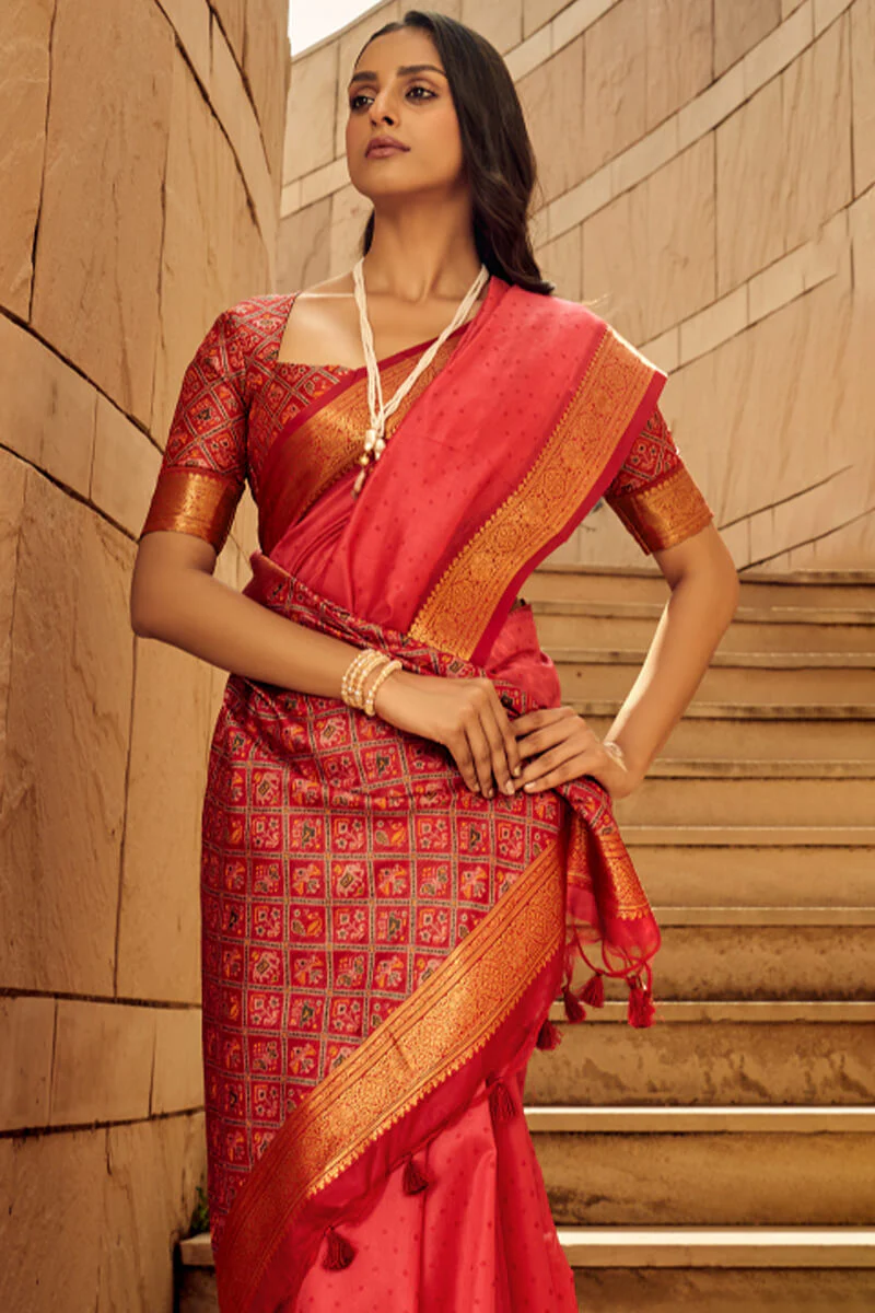 Breathtaking Red Patola Silk Saree with Intricate Blouse Piece - Image 2