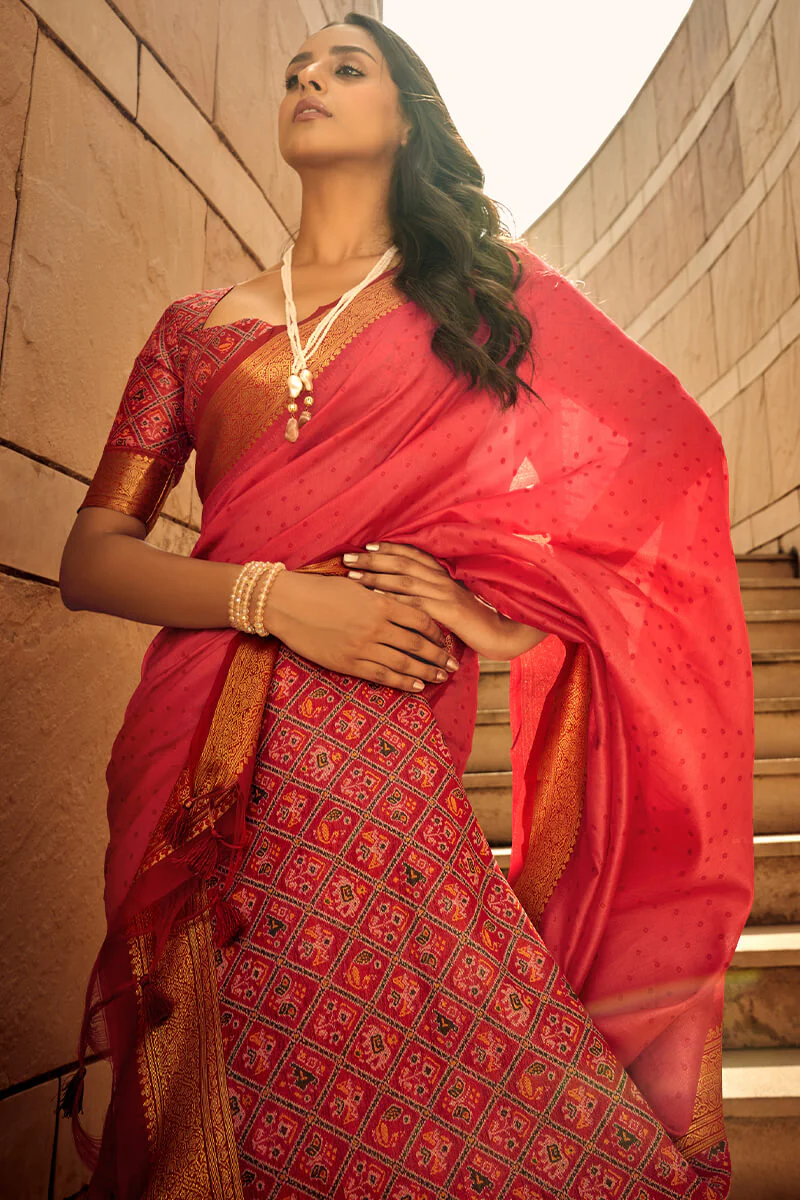 Breathtaking Red Patola Silk Saree with Intricate Blouse Piece - Image 3