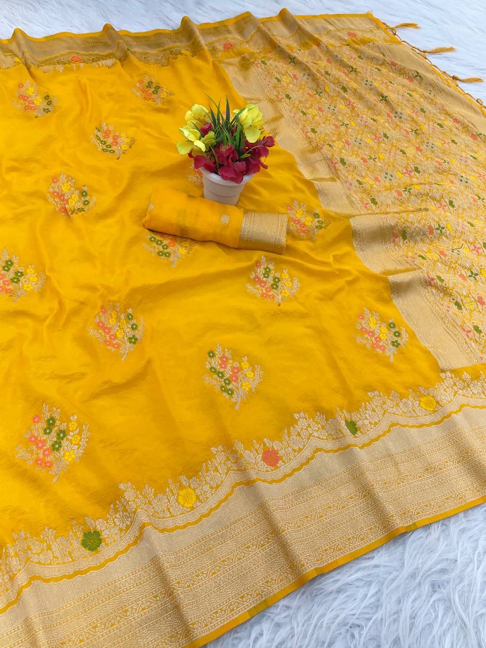 Breathtaking Yellow Banarasi Georgette Silk Saree With Gossamer Blouse Piece - Image 2