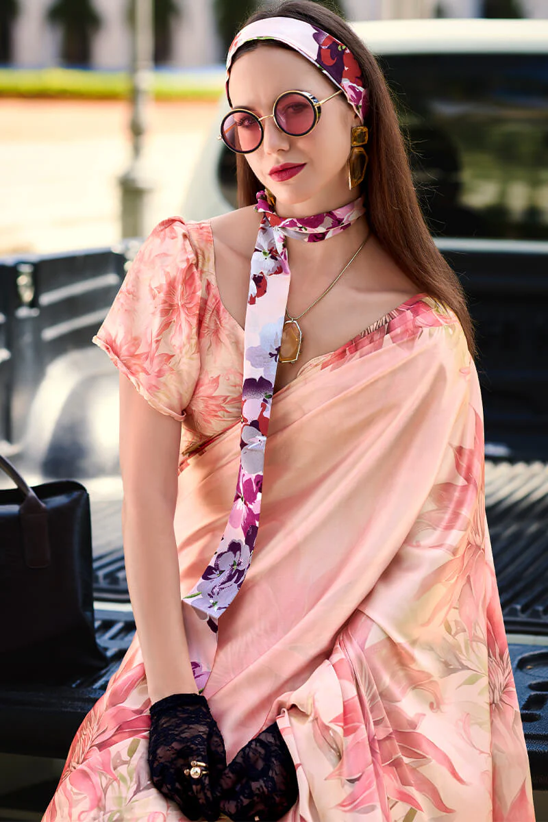 Brood Baby Pink Digital Printed Satin Silk Saree With Dissemble Blouse Piece - Image 2