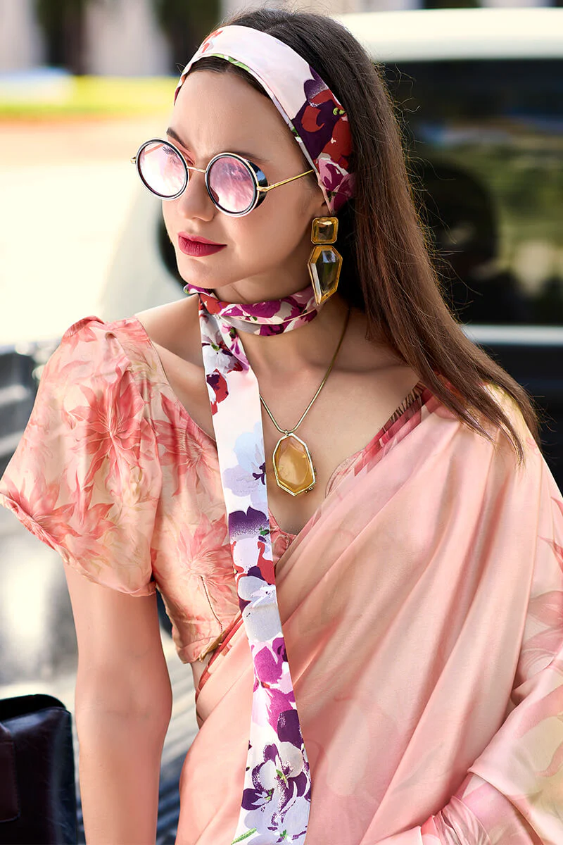 Brood Baby Pink Digital Printed Satin Silk Saree With Dissemble Blouse Piece - Image 3