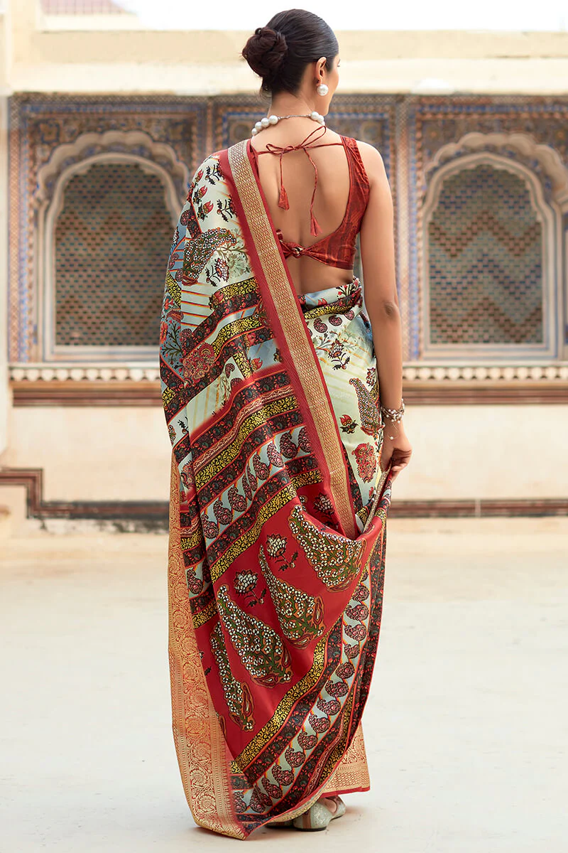 Brood Beige Digital Printed Dola Silk Saree With Exquisite Blouse Piece - Image 3