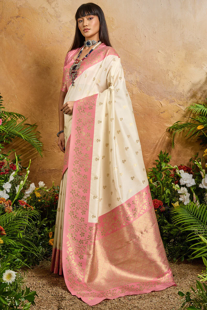 Brood Beige Pure Zari Weaving Banarasi Silk Saree With Exquisite Blouse Piece - Image 3