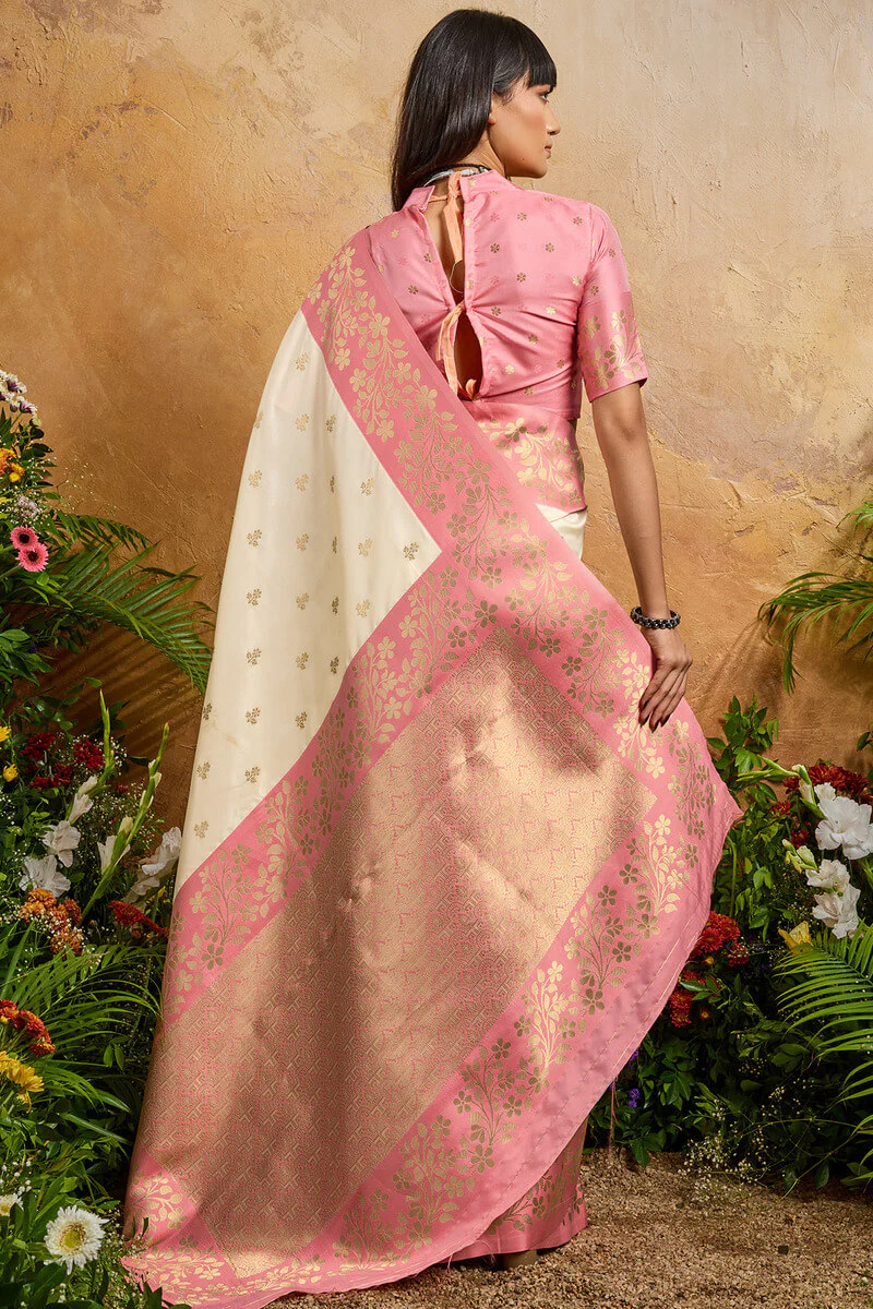 Brood Beige Pure Zari Weaving Banarasi Silk Saree With Exquisite Blouse Piece - Image 7