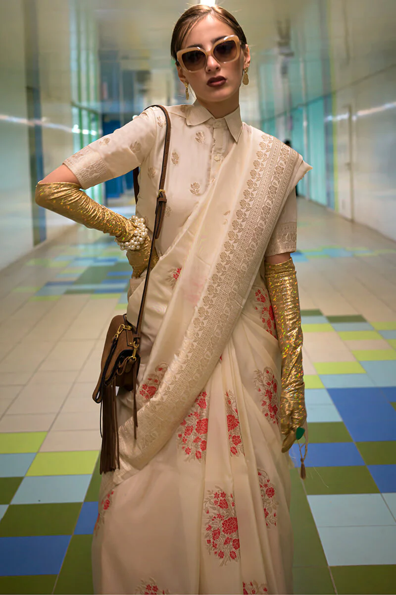 Brood Beige Soft Banarasi Silk Saree With Diaphanous Blouse Piece - Image 2