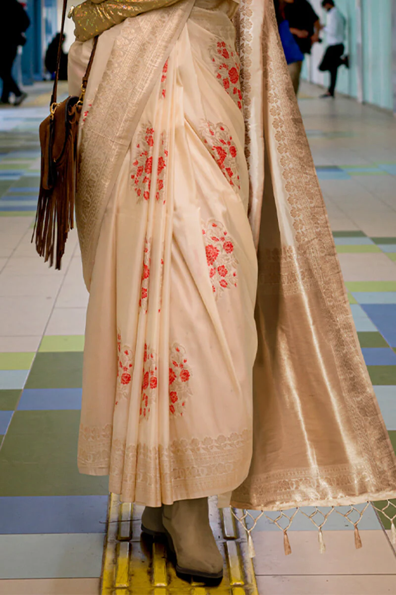Brood Beige Soft Banarasi Silk Saree With Diaphanous Blouse Piece - Image 3