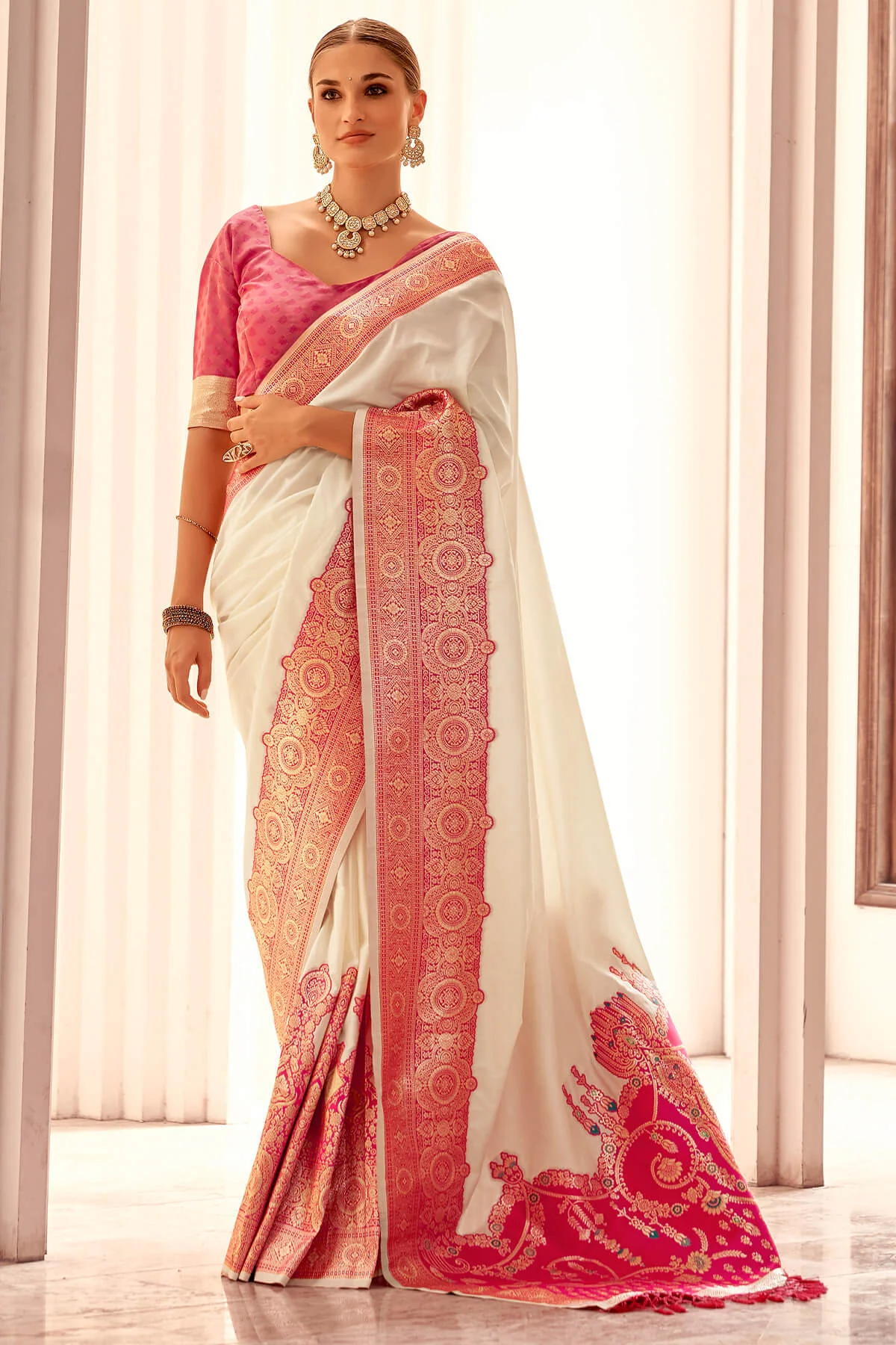 Brood Beige Soft Banarasi Silk Saree With Panache Blouse Piece