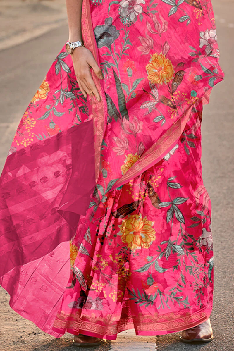 Brood Dark Pink Digital Printed Tussar Silk Saree With Divine Blouse Piece - Image 3