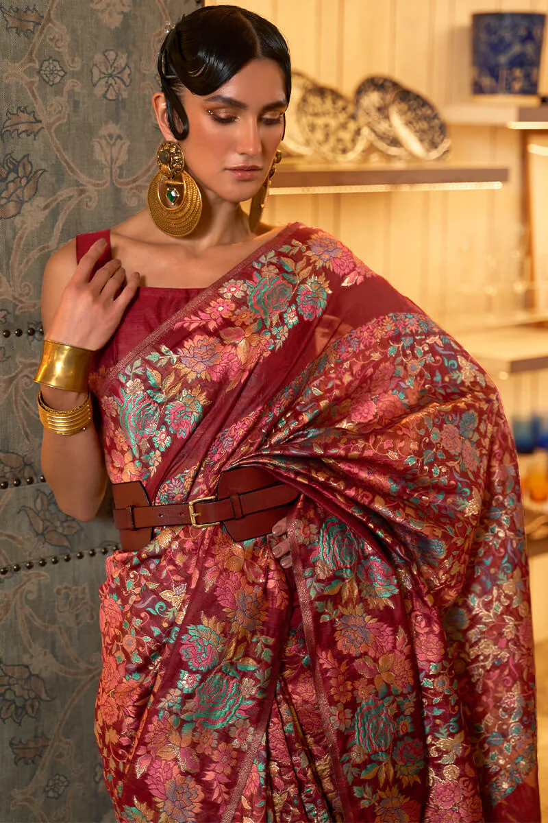 Brood Maroon Pashmina saree With Bewitching Blouse Piece - Image 2