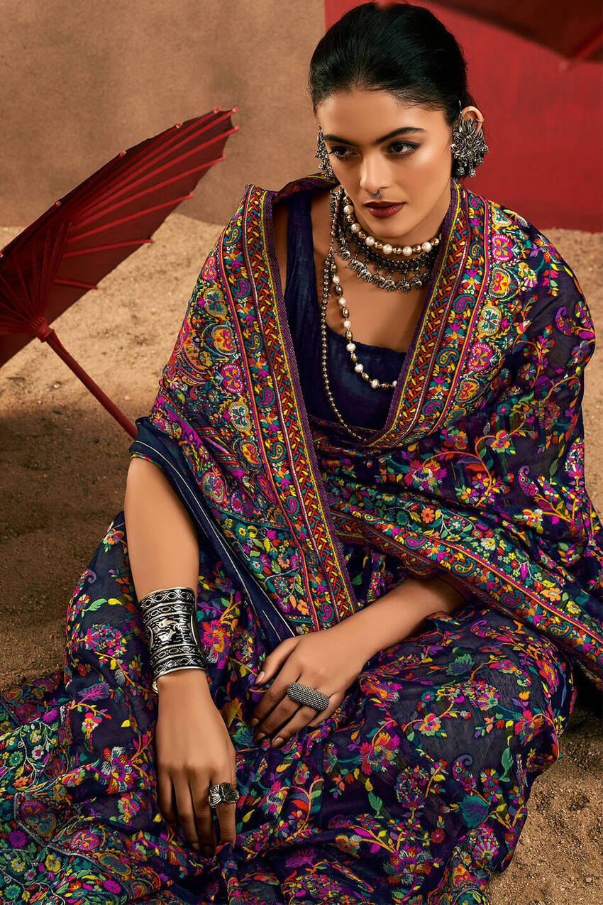 Brood Navy Blue Pashmina Saree With Demesne Blouse Piece - Image 2