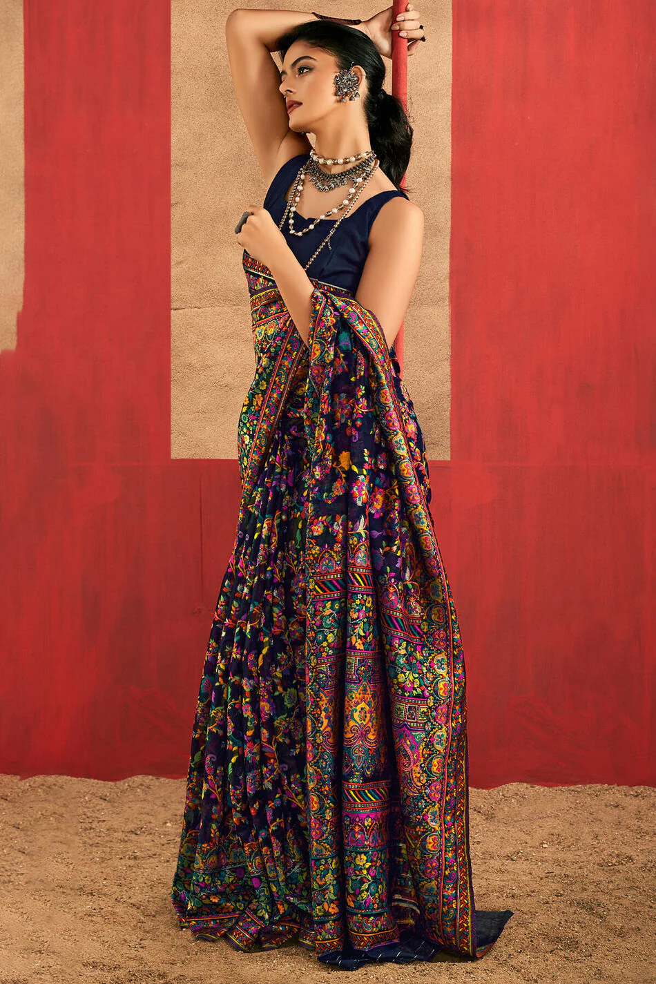 Brood Navy Blue Pashmina Saree With Demesne Blouse Piece - Image 3
