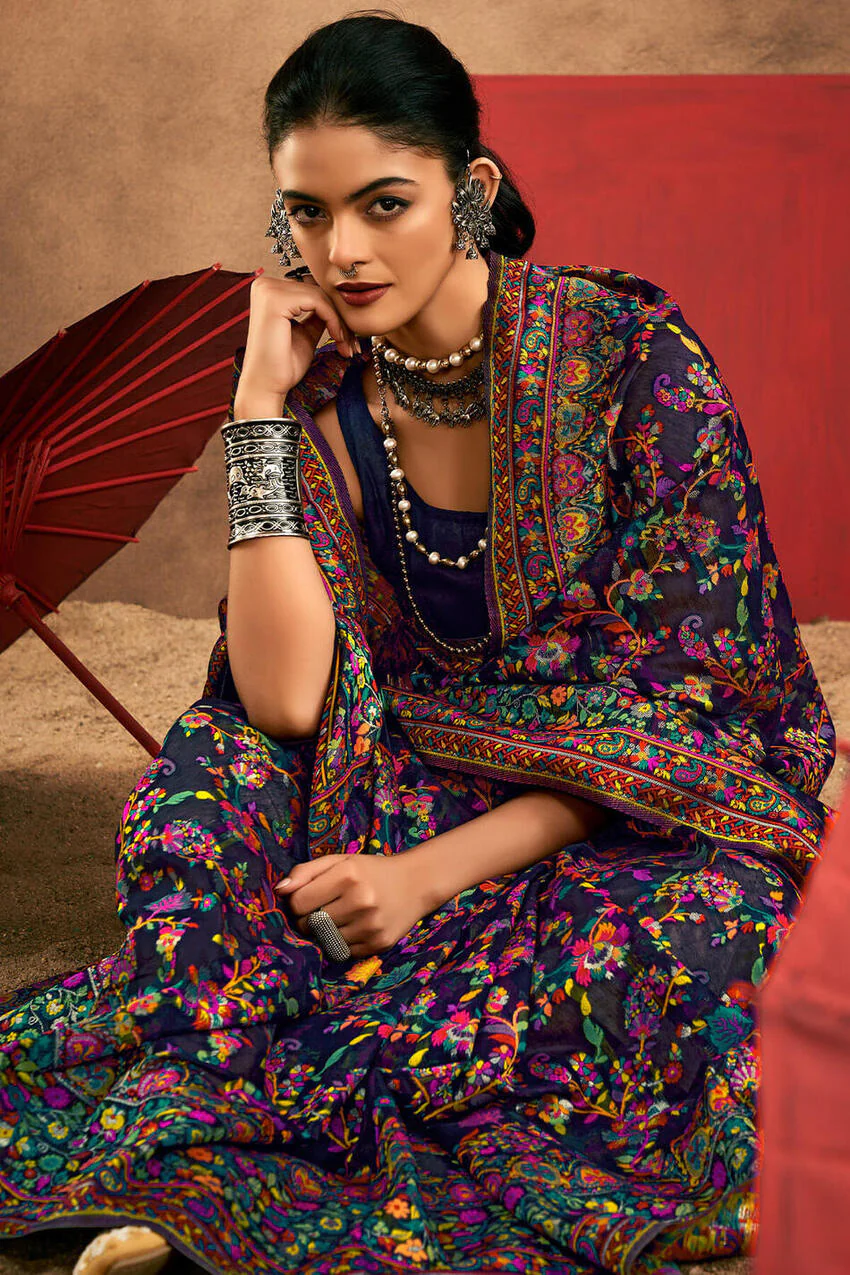 Brood Navy Blue Pashmina Saree With Demesne Blouse Piece - Image 5