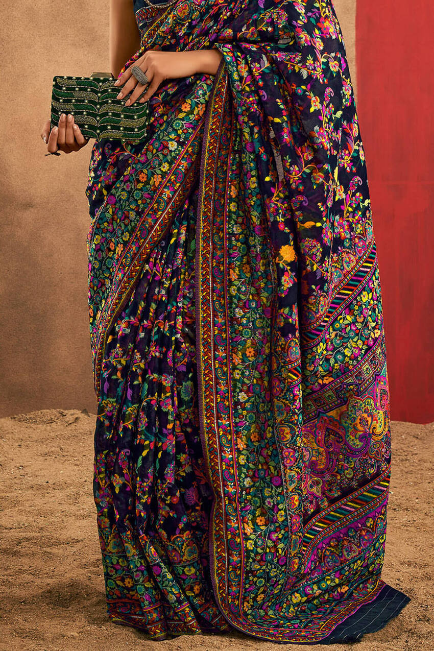 Brood Navy Blue Pashmina Saree With Demesne Blouse Piece - Image 6