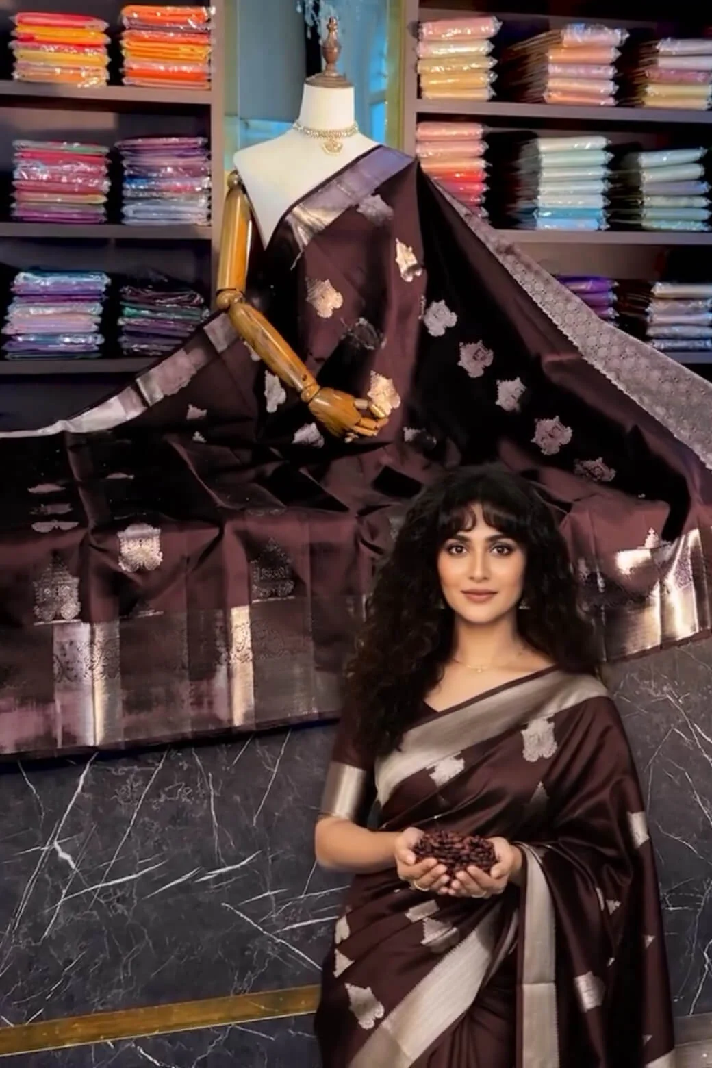 Bucolic Brown Soft Banarasi Silk Saree With Posh Blouse Piece - Image 2