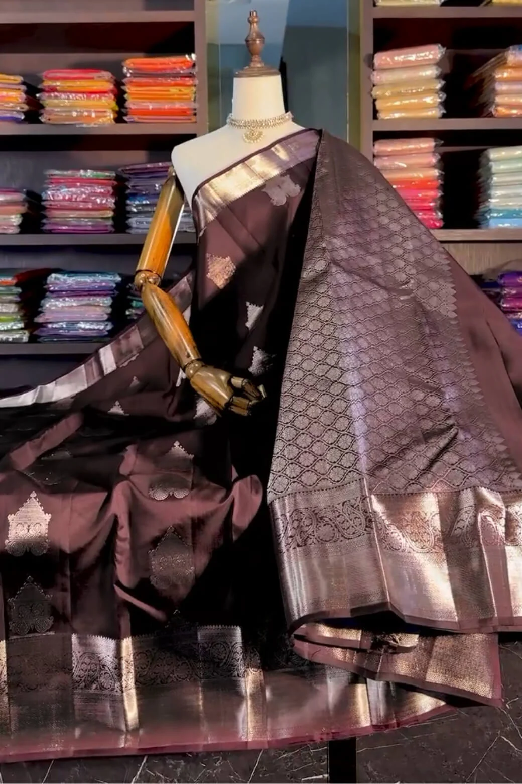 Bucolic Brown Soft Banarasi Silk Saree With Posh Blouse Piece - Image 3