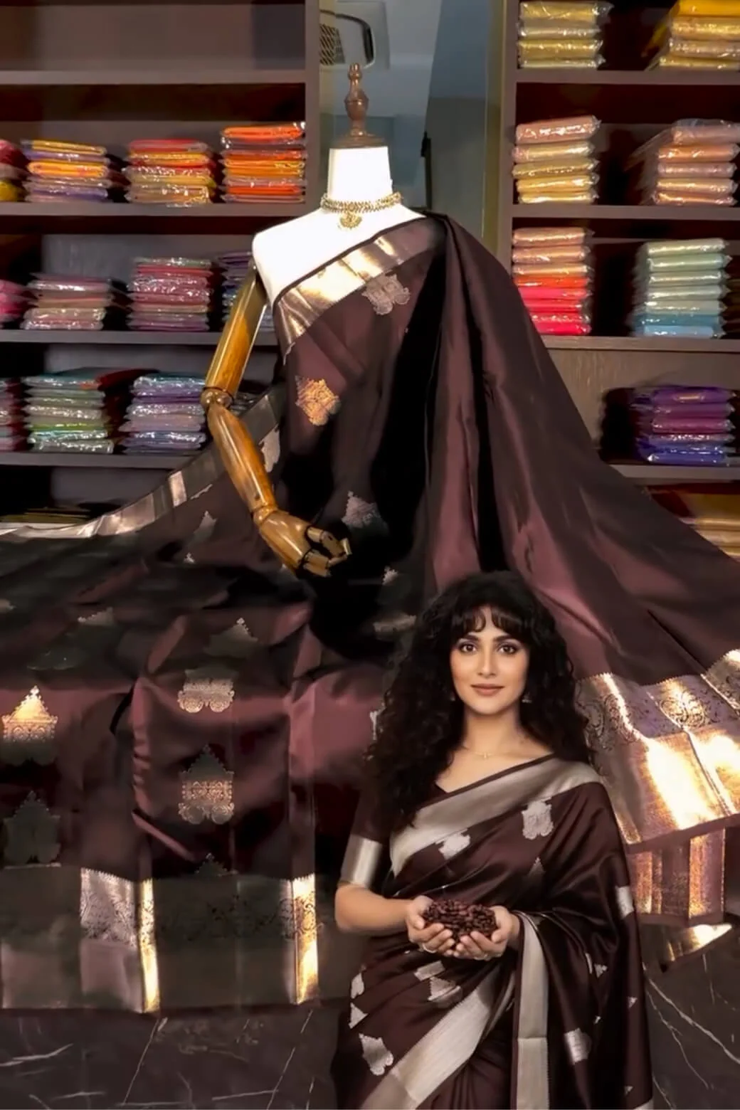 Bucolic Brown Soft Banarasi Silk Saree With Posh Blouse Piece - Image 5