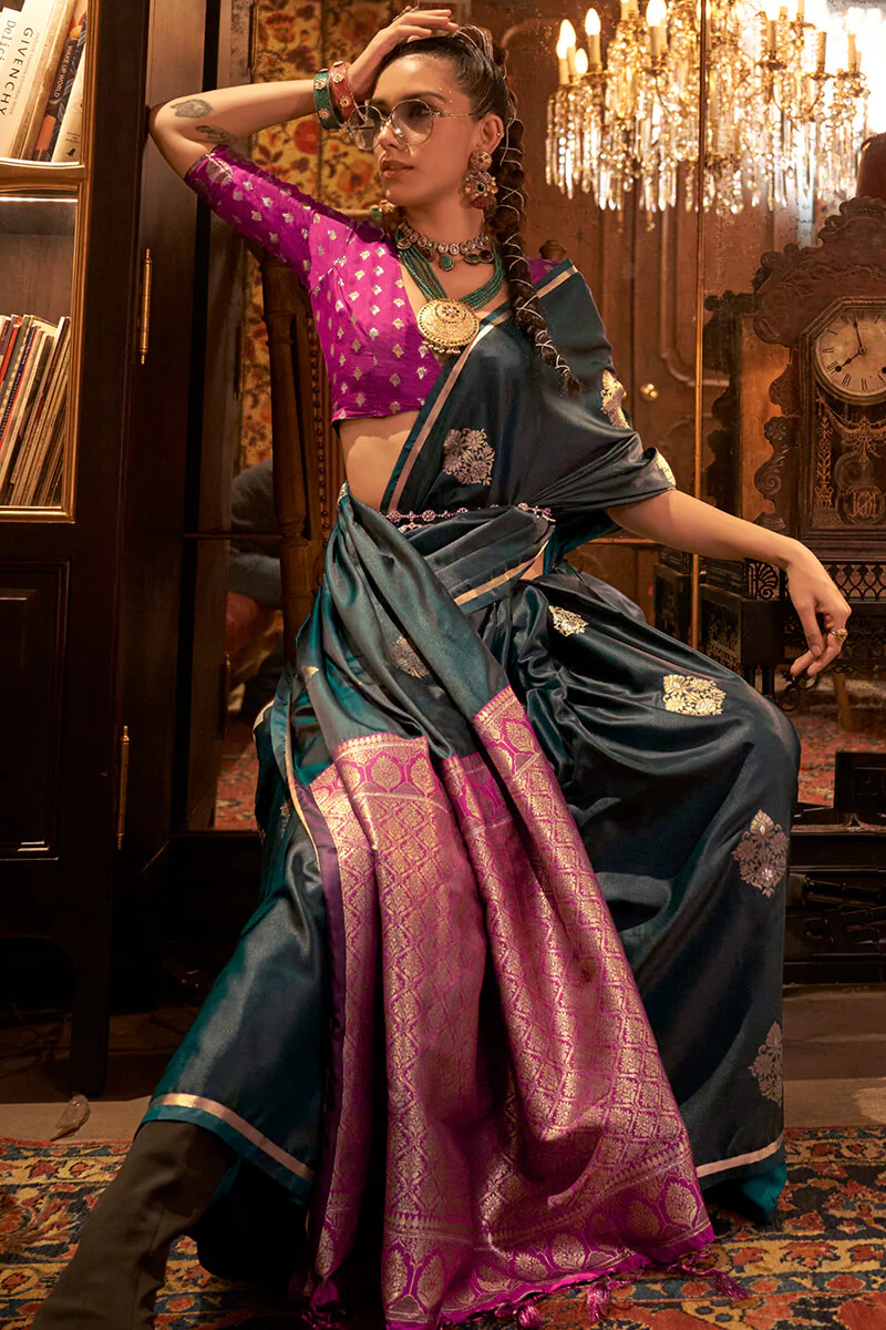 Bucolic Dark Green Banarasi Satin Silk Saree With Entrancing Blouse - Image 3