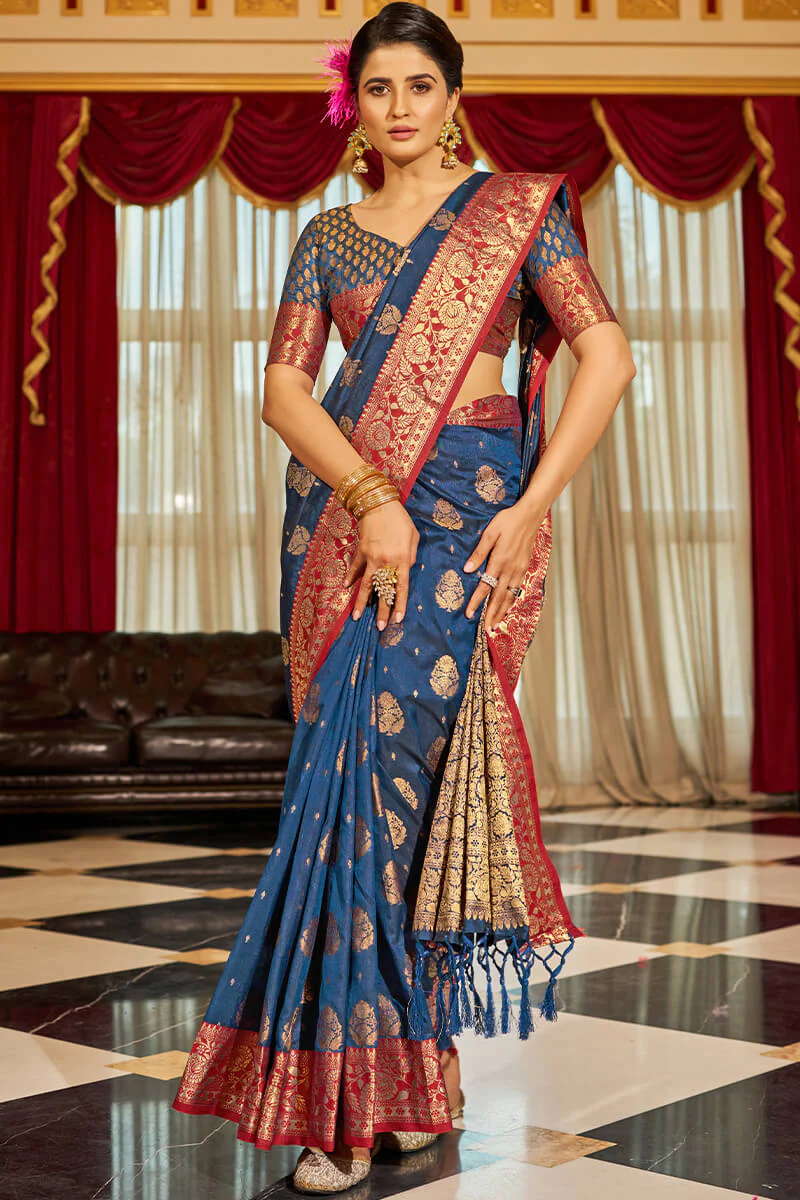 Bucolic Navy Blue Soft Banarasi Silk Saree With Twirling Blouse Piece - Image 3