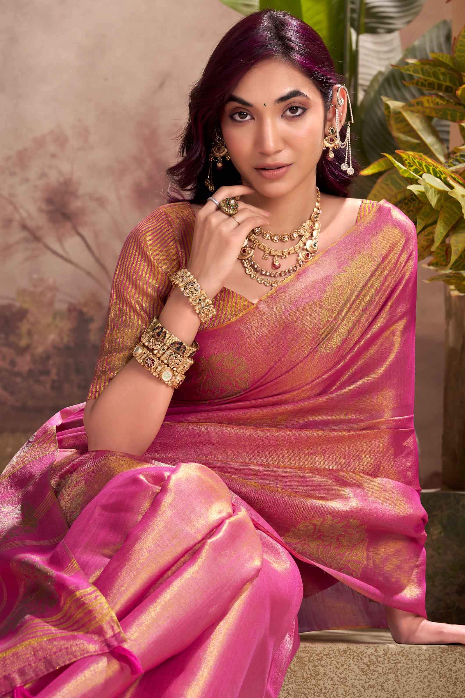 Bucolic Pink Soft Banarasi Tissue Silk Saree With Opulent Blouse Piece - Image 2