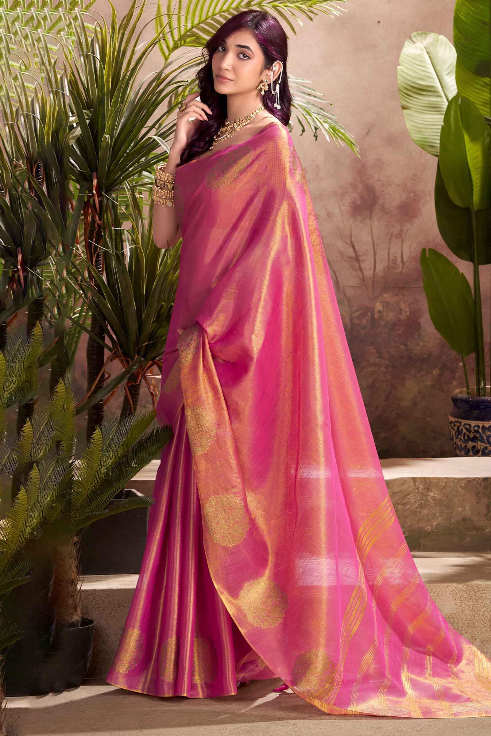 Bucolic Pink Soft Banarasi Tissue Silk Saree With Opulent Blouse Piece - Image 3