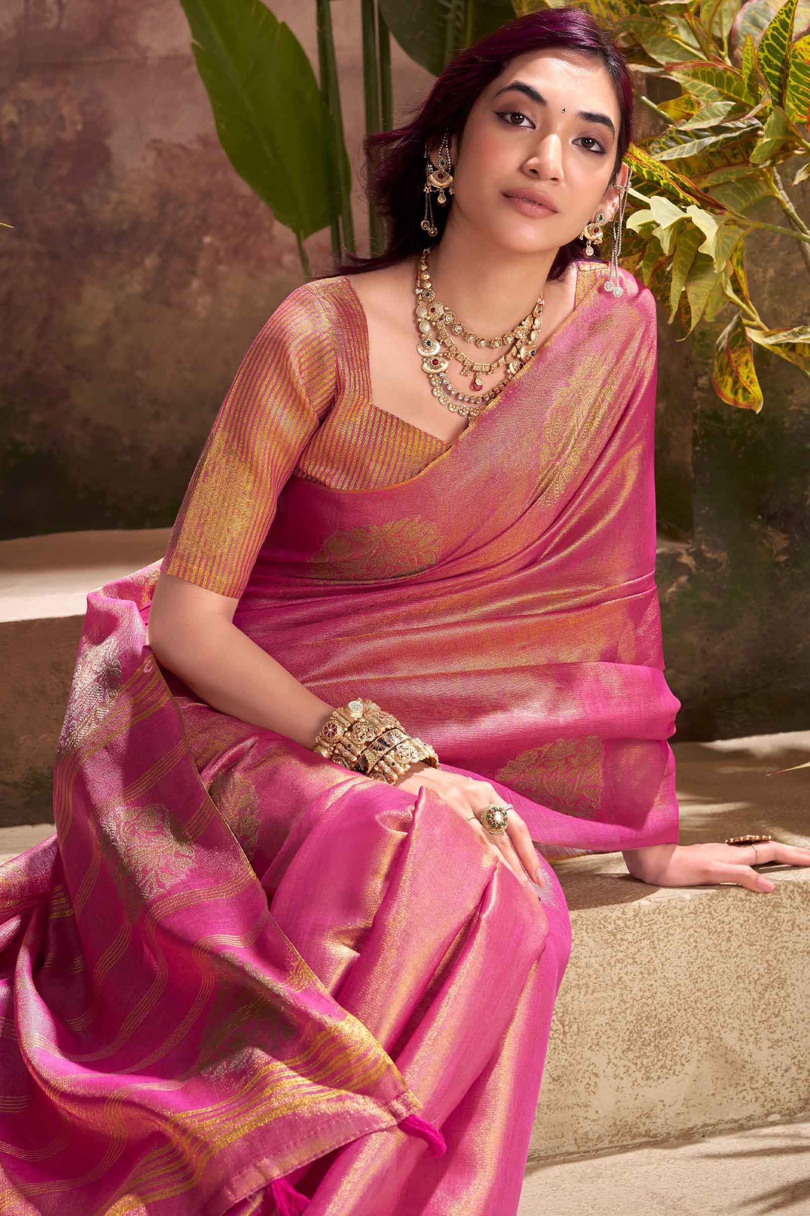 Bucolic Pink Soft Banarasi Tissue Silk Saree With Opulent Blouse Piece - Image 4