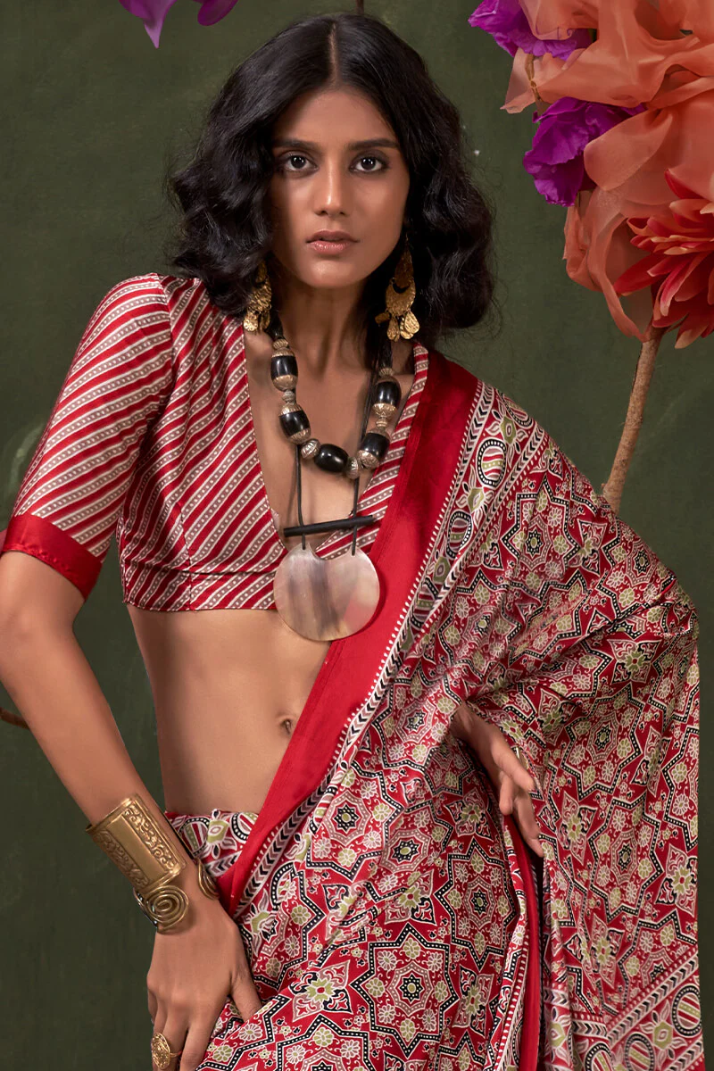 Bucolic Red Ajrakh Printed Satin Silk Saree With Propinquity Blouse Piece - Image 3