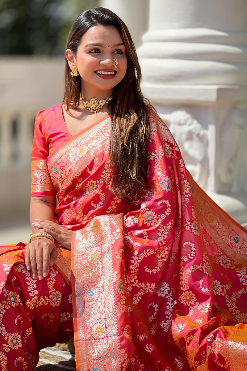 Bucolic Red Soft Banarasi Silk Saree With Conflate Blouse Piece - Image 2
