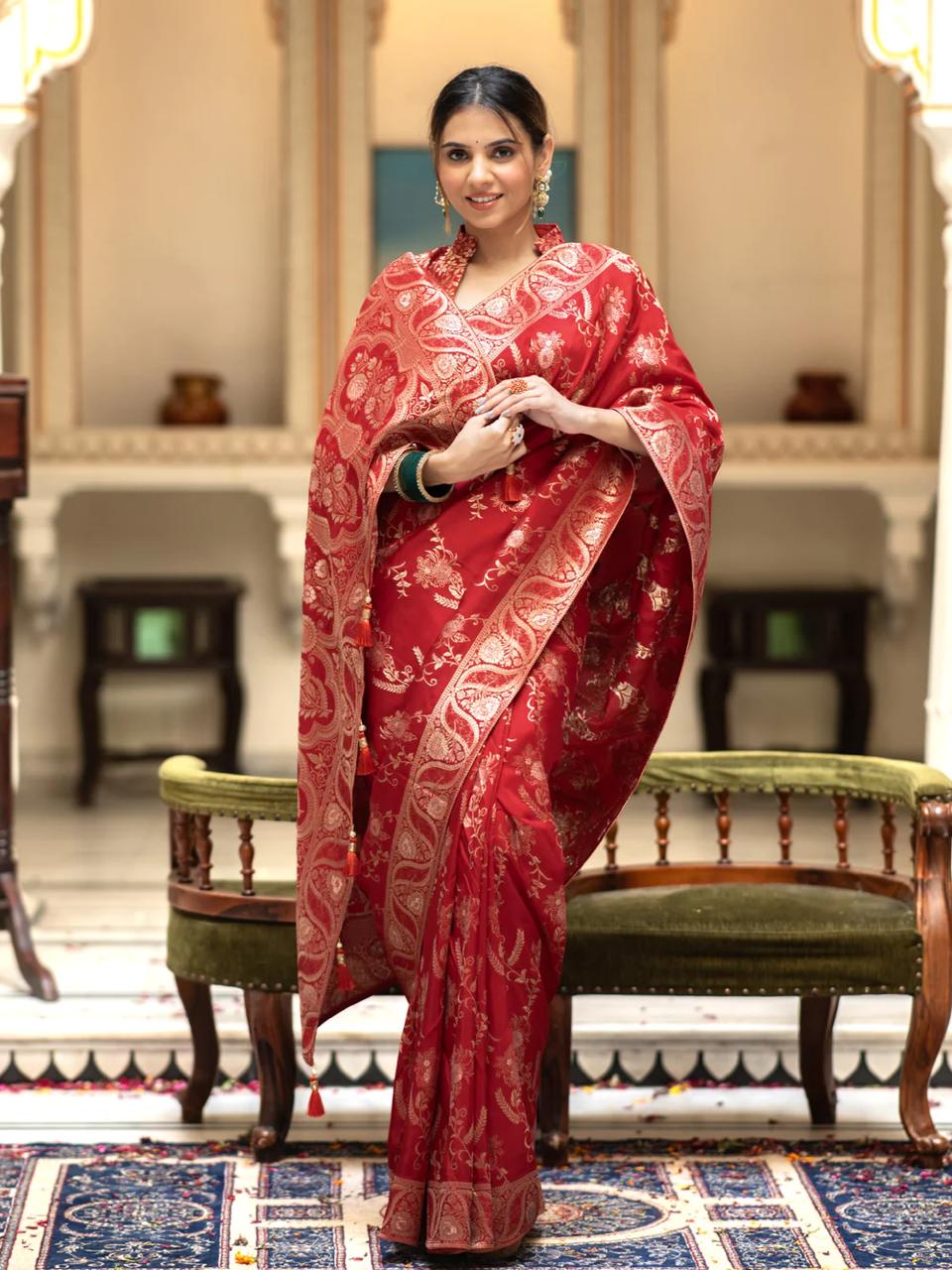 Bucolic Red Soft Silk Saree With Traditional Blouse Piece - Image 4