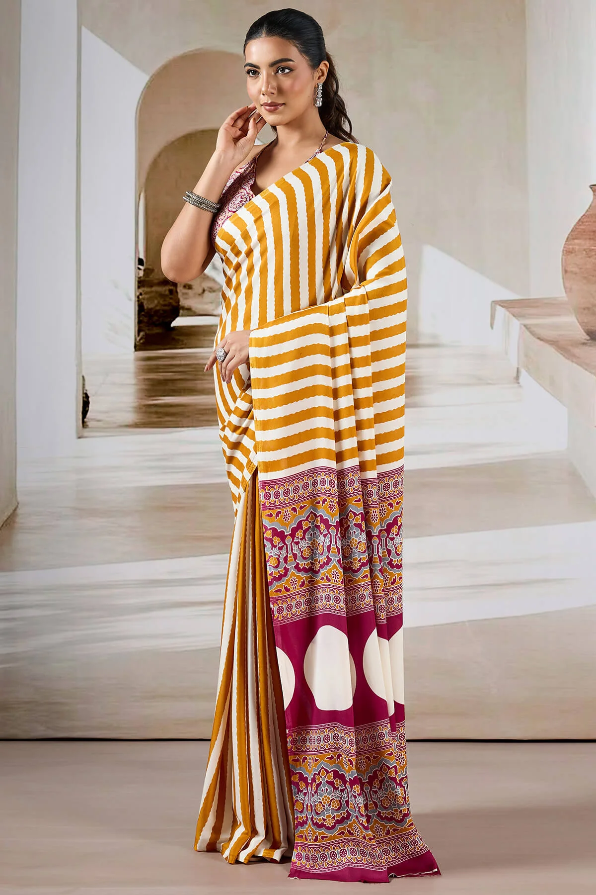 Bucolic Yellow Ajrakh Printed Satin Silk Saree With Desirable Blouse Piece - Image 5