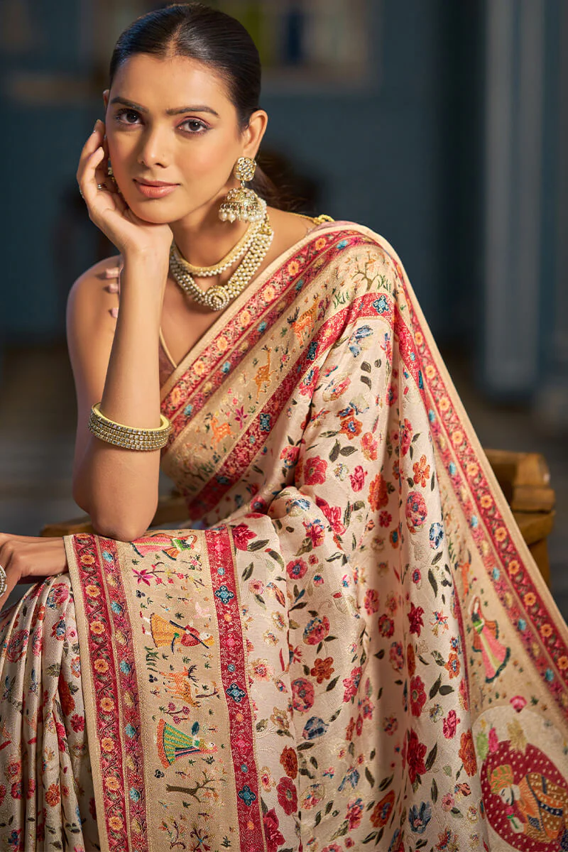 Capricious Beige Pashmina Saree With Felicitous Blouse Piece - Image 2