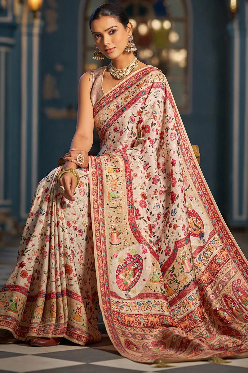 Capricious Beige Pashmina Saree With Felicitous Blouse Piece - Image 3