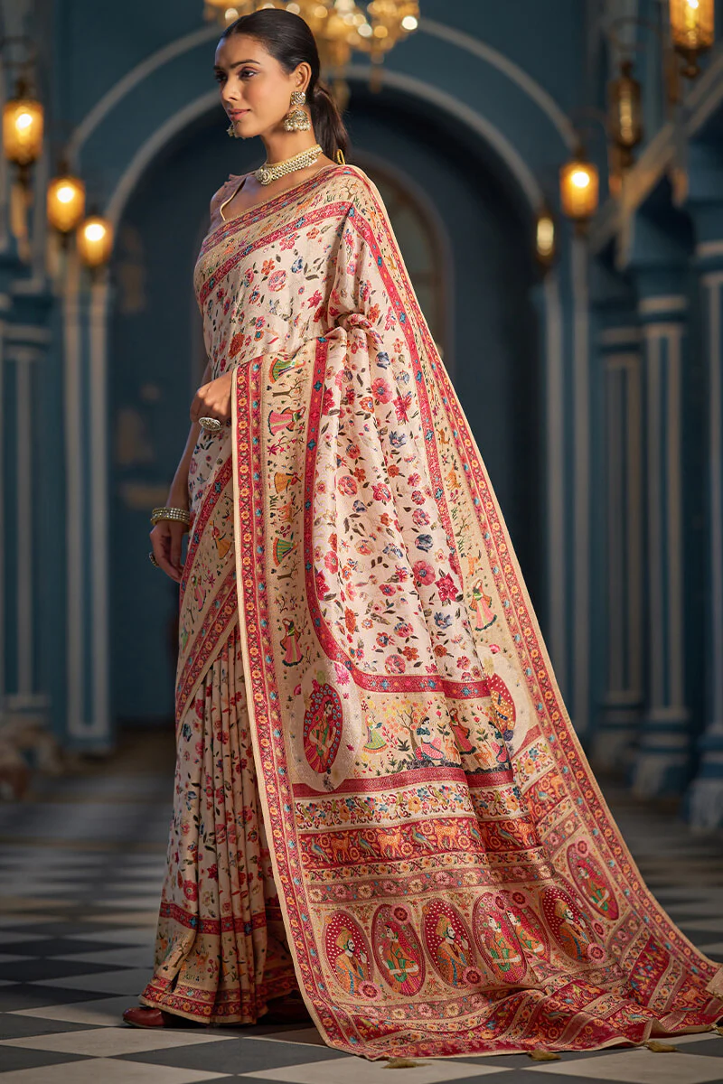 Capricious Beige Pashmina Saree With Felicitous Blouse Piece - Image 4