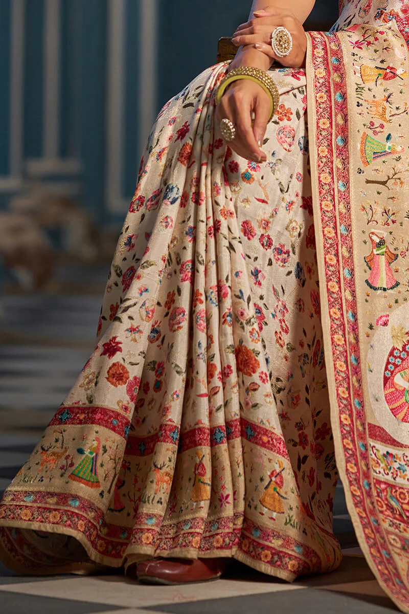 Capricious Beige Pashmina Saree With Felicitous Blouse Piece - Image 5