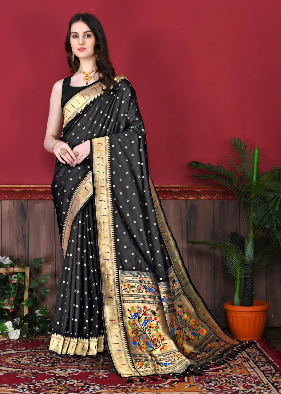 Capricious Black Paithani Silk Saree With Ethnic Blouse Piece - Image 2