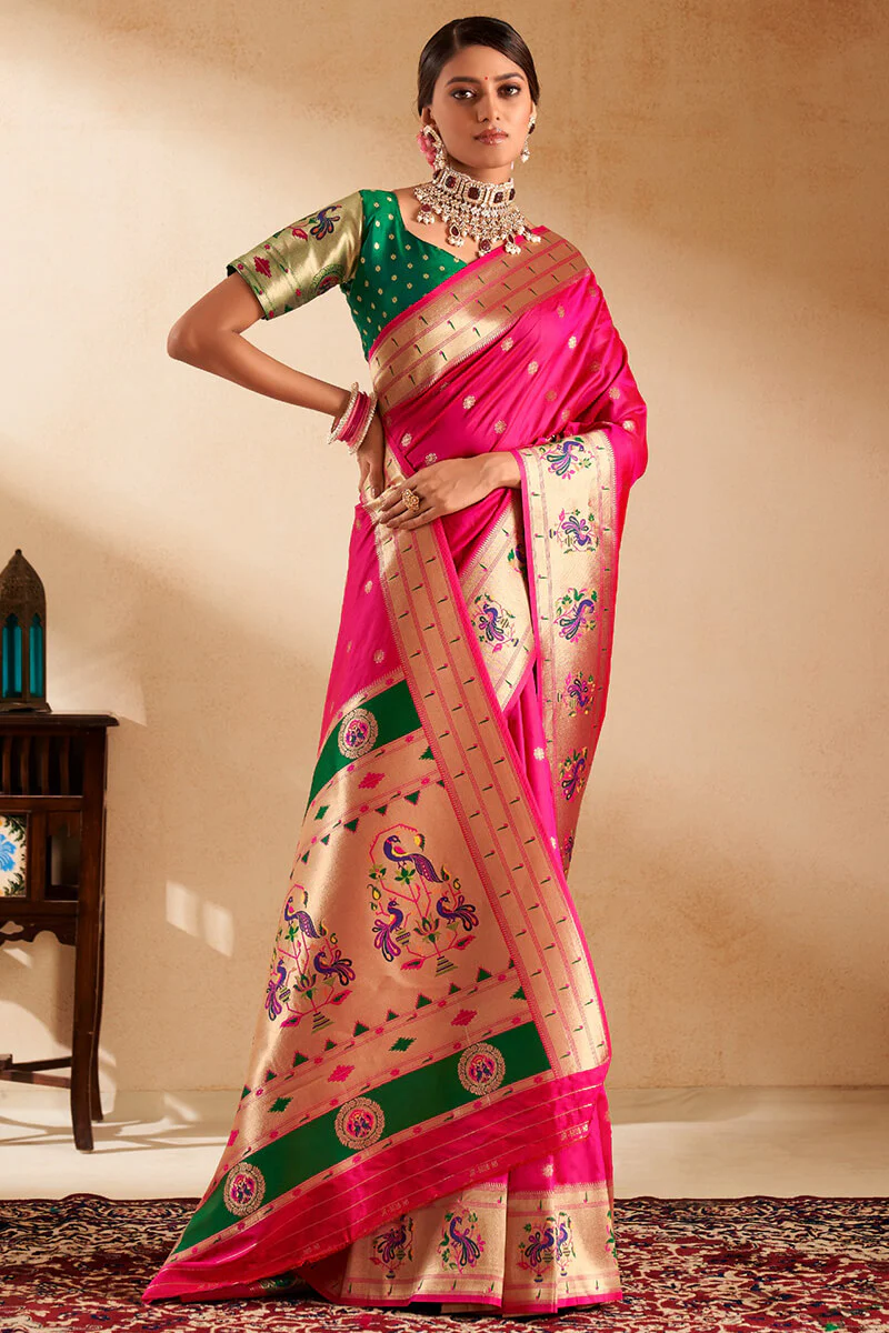 Capricious Dark Pink Paithani Silk Saree With Opulent Blouse Piece - Image 3