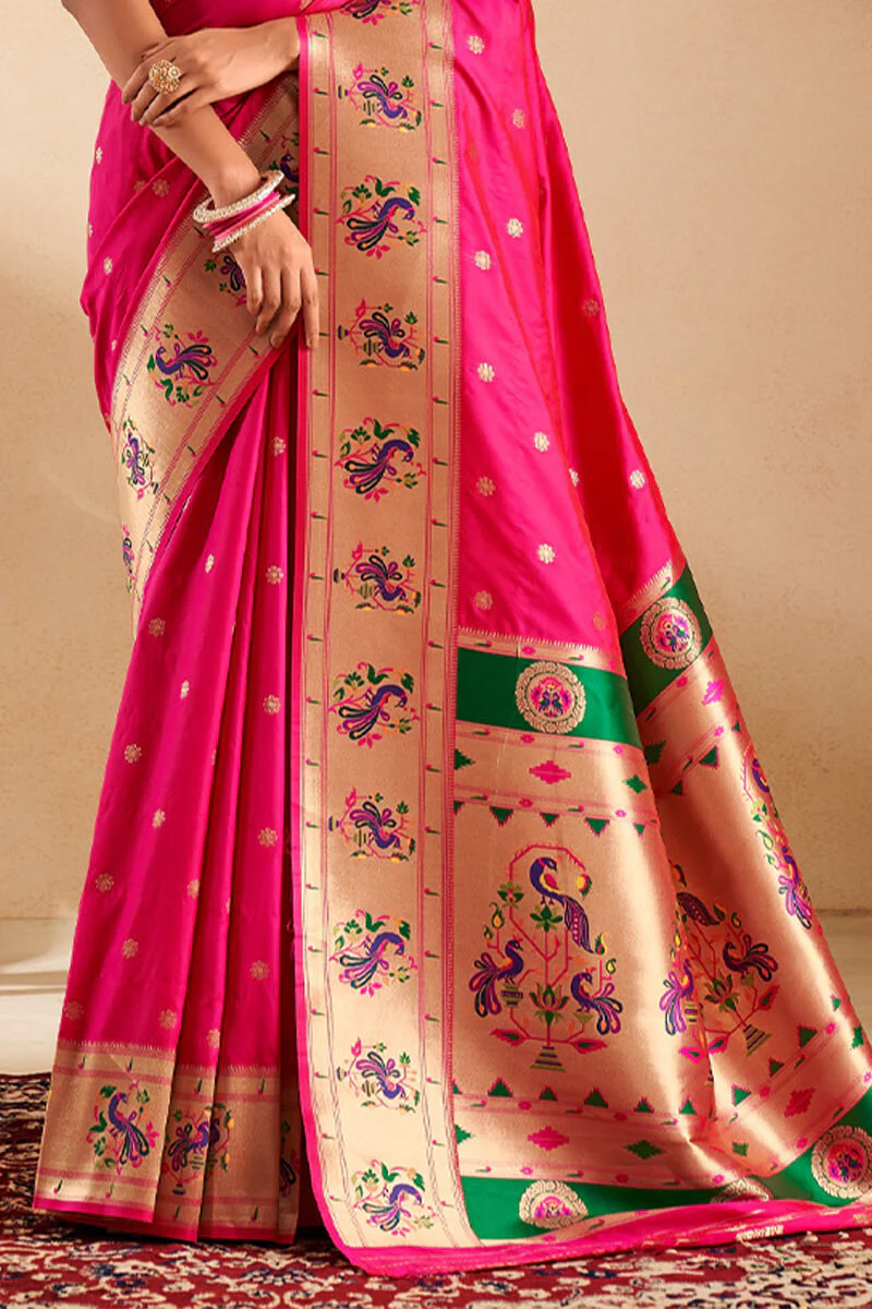 Capricious Dark Pink Paithani Silk Saree With Opulent Blouse Piece - Image 4