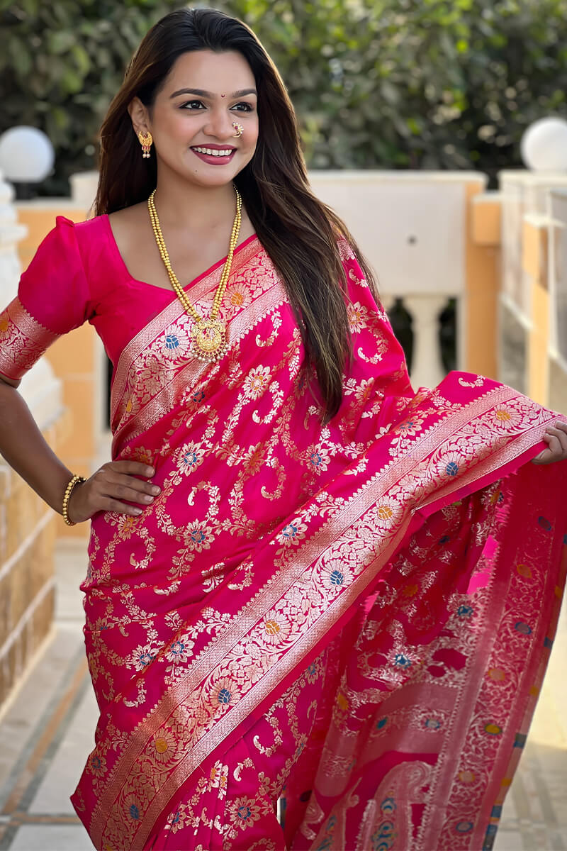 Capricious Dark Pink Soft Banarasi Silk Saree With Unique Blouse Piece - Image 2