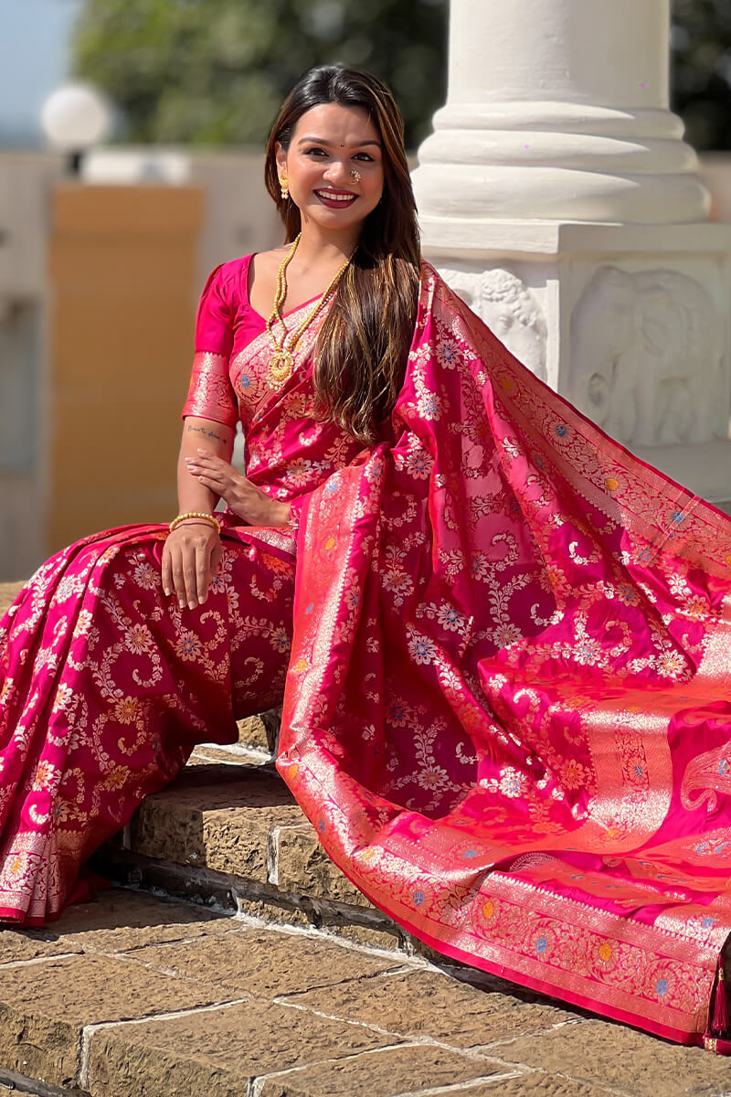 Capricious Dark Pink Soft Banarasi Silk Saree With Unique Blouse Piece - Image 3