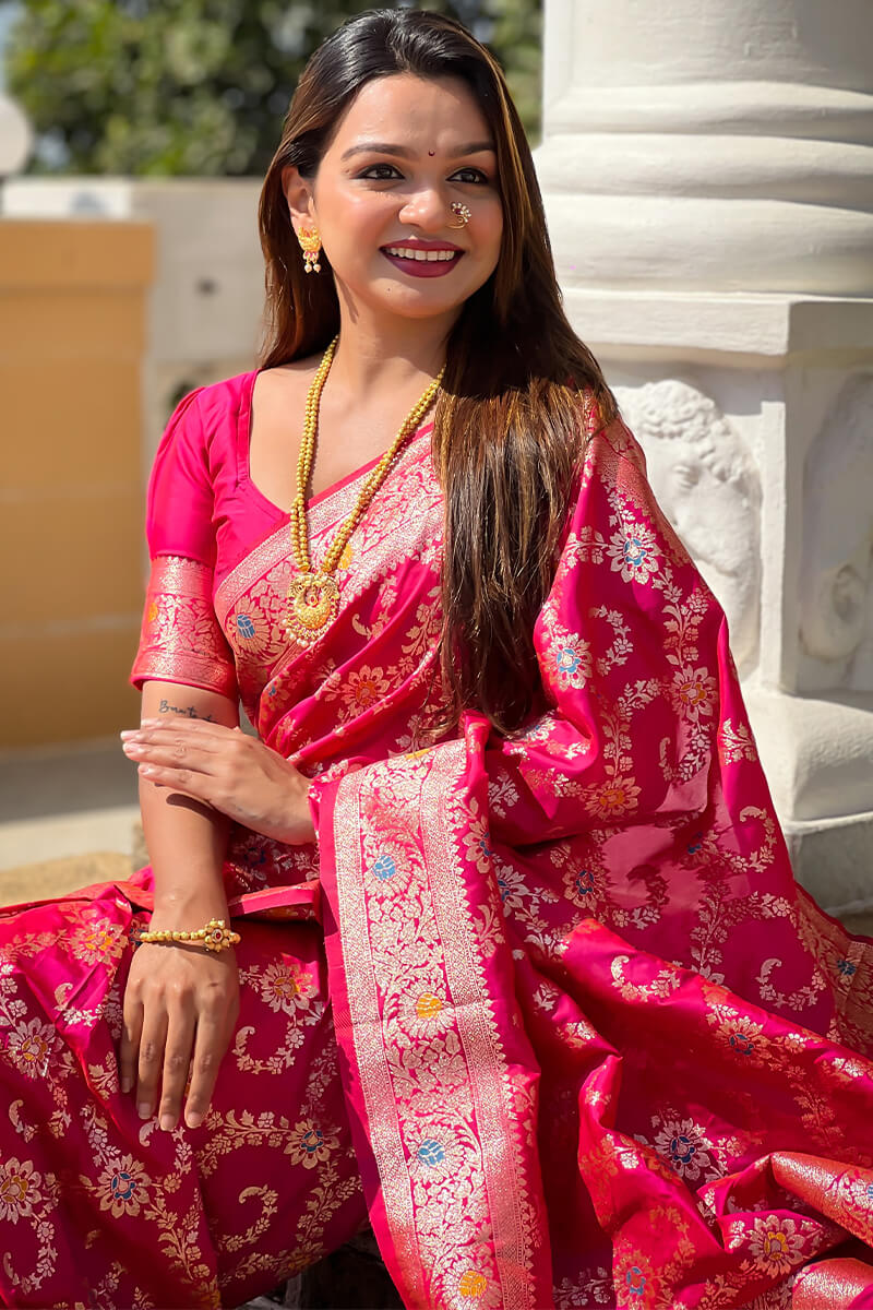 Capricious Dark Pink Soft Banarasi Silk Saree With Unique Blouse Piece - Image 4
