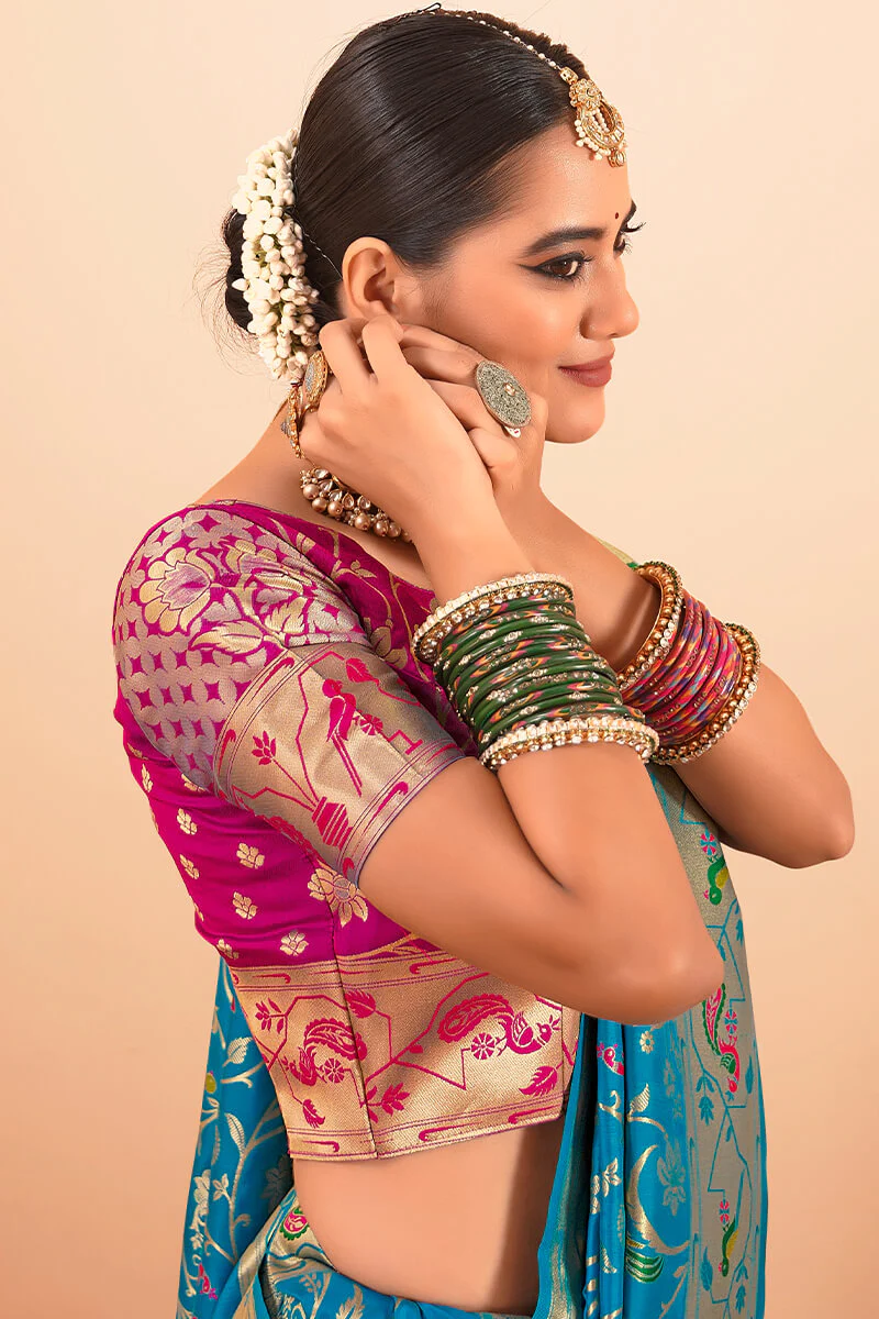Capricious Firozi Paithani Silk Saree With Girlish Blouse Piece - Image 2