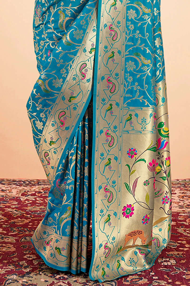 Capricious Firozi Paithani Silk Saree With Girlish Blouse Piece - Image 3