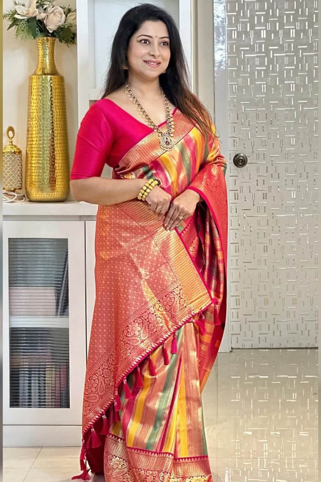 Capricious Multicolor Pure Zari Weaving Banarasi Silk Saree With Sempiternal Blouse Piece - Image 3